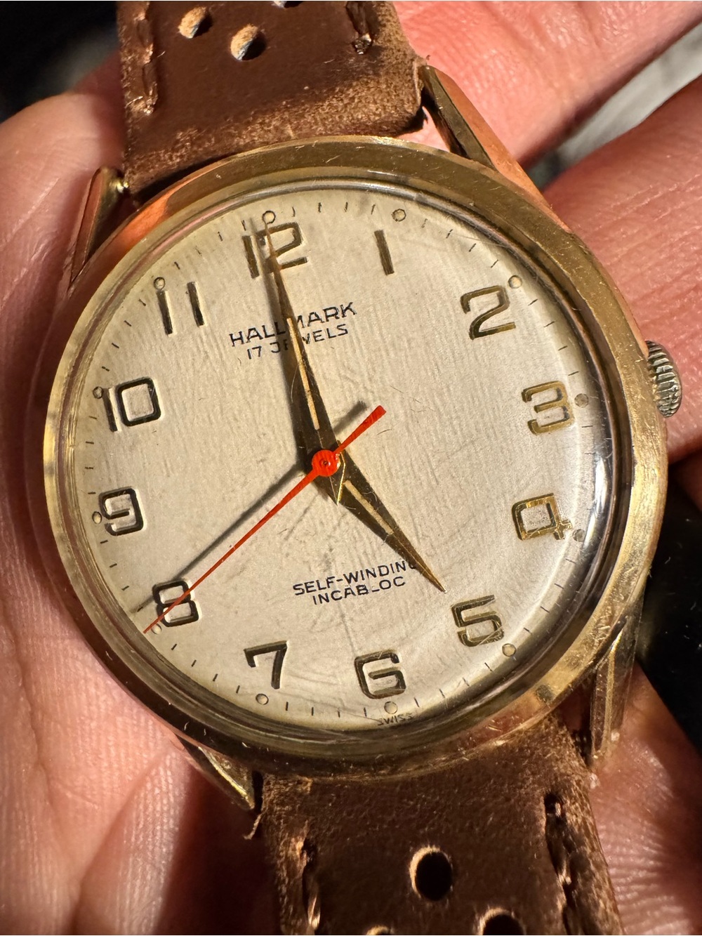 Vintage Hallmark Gold Tone Automatic Watch with Brown Leather Strap
